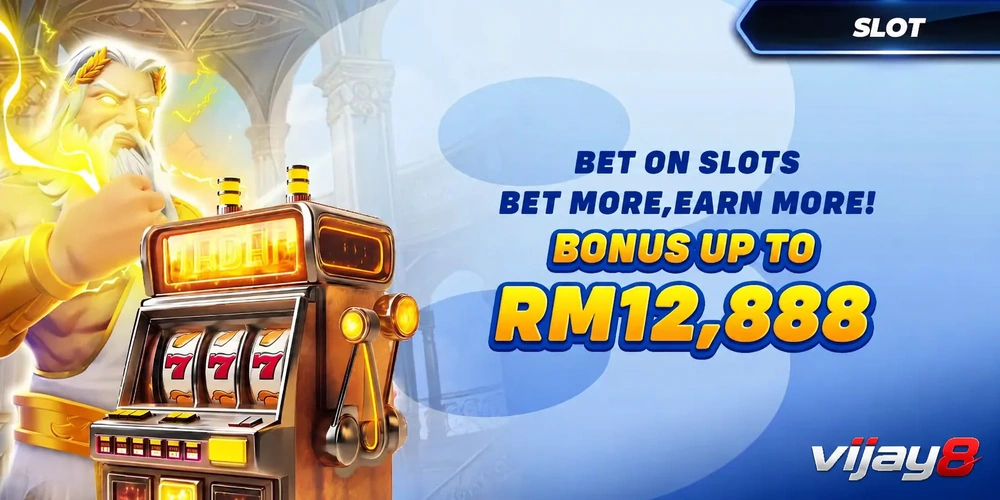 vijay8 Bet on Slots banner with Zeus character, slot machine showing 777, Bet More Earn More text, and bonus up to RM12,888.