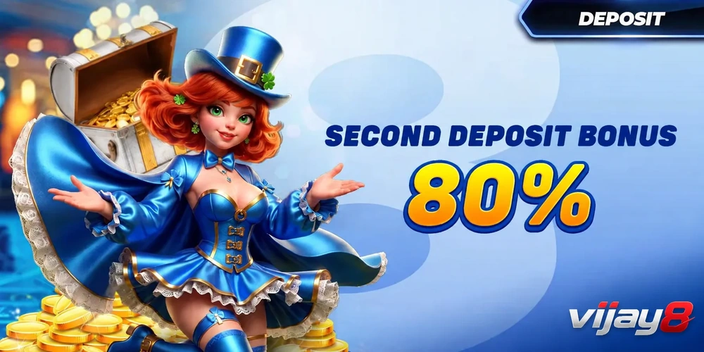 vijay8 second deposit bonus 80 percent banner with leprechaun mascot, treasure chest, gold coins, and yellow deposit tier buttons on a blue background.